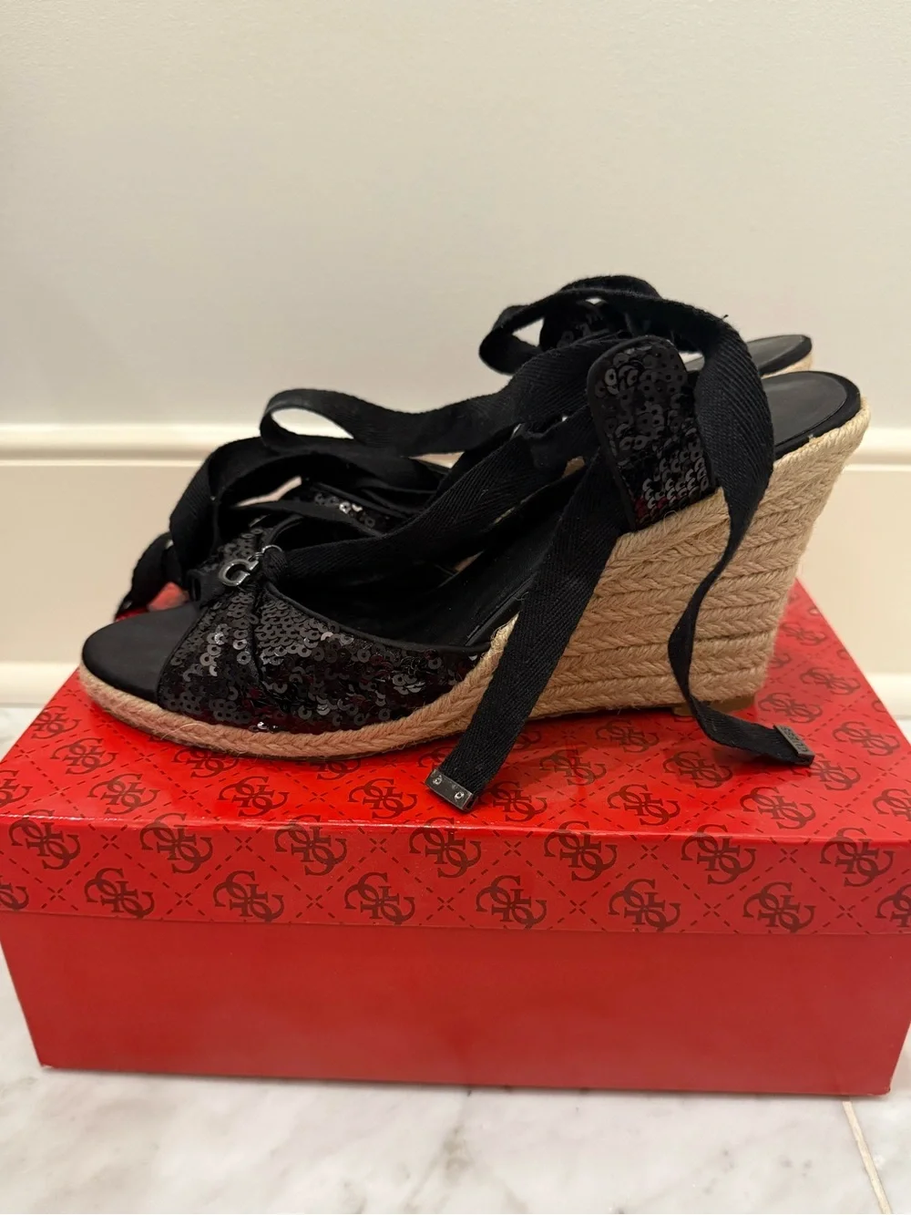 Guess Black Sequin Wedge Sandals with Ankle Tie